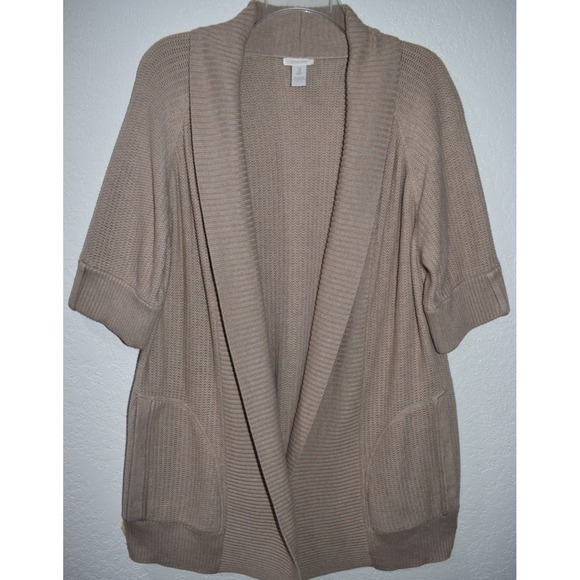 Chicos Cardigan 3/XL Open Front Short Sleeve Knit Sweater Tan Natural Lagenlook - Picture 12 of 16